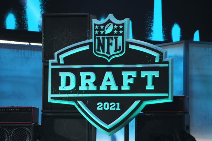 Apr 29, 2021; Cleveland, Ohio, USA; A general overall view of the 2021 NFL Shield Draft logo at First Energy Stadium.